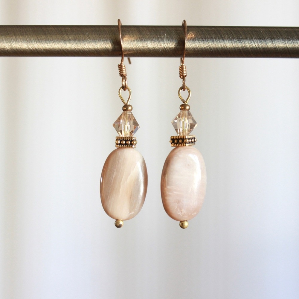Peach Moonstone Crystal Drop Earrings Brass Tone Oval Dangle Boho Handmade F6